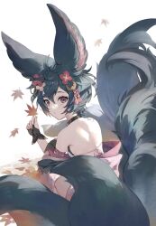 Rule 34 | 1girl, animal ears, bare shoulders, black hair, choker, closed mouth, detached sleeves, fingerless gloves, fox tail, gloves, granblue fantasy, hair ornament, highres, holding, holding leaf, leaf, looking at viewer, looking back, maple leaf, multiple tails, red eyes, shiromimin, short hair, sitting, solo, tail, you (granblue fantasy)