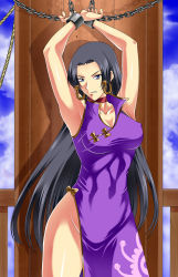 Rule 34 | 1girl, armpits, arms up, black hair, blue eyes, boa hancock, breasts, chain, clenched teeth, collar, covered erect nipples, earrings, highres, jewelry, large breasts, long hair, looking at viewer, one piece, snake earrings, solo, standing, tagme, teeth, very long hair