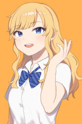 Rule 34 | 1girl, :d, absurdres, blonde hair, blue bow, blue bowtie, blue eyes, blush, bow, bowtie, breasts, chiyoko (tykchiyo), collared shirt, commentary request, diagonal stripes, dress shirt, hand up, highres, idolmaster, idolmaster cinderella girls, long hair, looking at viewer, ohtsuki yui, open mouth, orange background, school uniform, shirt, short sleeves, sidelocks, simple background, small breasts, smile, solo, striped bow, striped bowtie, striped clothes, striped neckwear, teeth, upper body, upper teeth only, wavy hair, white shirt, wing collar