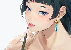 Rule 34 | 1girl, applying makeup, blue eyes, blunt bangs, close-up, commentary request, earrings, eyelashes, eyeshadow, highres, jewelry, kusuriya no hitorigoto, lipstick, looking at viewer, makeup, maomao (kusuriya no hitorigoto), parted lips, pink eyeshadow, pink lips, simple background, solo, takamiya2222, white background