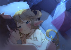 Rule 34 | 1boy, 1girl, blonde hair, blue eyes, blush, brown hair, charlotta (granblue fantasy), closed mouth, commentary request, dutch angle, ear blush, eye contact, gran (granblue fantasy), granblue fantasy, holding hands, harvin, harvin, hetero, highres, long hair, looking at another, lying, night, nude, on side, pillow, pointy ears, smile, walkalone