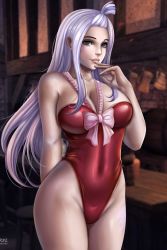 Rule 34 | 1girl, ass, bare shoulders, breasts, brown eyes, choker, cleavage, eyebrows, eyelashes, fairy tail, female focus, flowerxl, forehead, huge ass, large breasts, light purple hair, lipstick, long hair, makeup, mirajane strauss, navel, nipples, nude, one-piece swimsuit, solo, standing, swimsuit, tagme, tattoo, thick thighs, thighs, wide hips