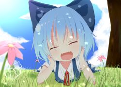 Rule 34 | 1girl, akisha, bad id, bad pixiv id, blue hair, blush, bow, cirno, closed eyes, fang, female focus, flower, hair bow, happy, highres, looking at viewer, open mouth, short hair, smile, solo, touhou
