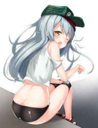 Rule 34 | 1girl, 2drr, absurdres, ass, blush, g11 (girls&#039; frontline), girls&#039; frontline, green hat, hat, highres, looking at viewer, one eye closed, parted lips, revision, silver hair, sitting, solo, yellow eyes