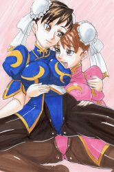 Rule 34 | 2girls, absurdres, alternate color, black legwear, breast pillow, breasts, brown eyes, brown hair, brown legwear, capcom, chinese clothes, chun-li, cuddling, double bun, dual persona, covered erect nipples, hayami jin, highres, legs, marker (medium), multiple girls, pantyhose, selfcest, sitting, sitting on person, spread legs, street fighter, thick thighs, thighs, traditional media, yuri