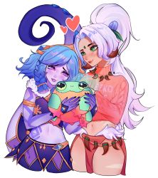 Rule 34 | 2girls, alternate costume, bare shoulders, blue nails, blush, braid, cropped legs, hugging doll, fur trim, green eyes, heart, highres, league of legends, long hair, looking at another, mochi (mochibunnny), multiple girls, nail polish, navel, neeko (league of legends), nidalee, hugging object, pants, parted bangs, pink eyes, pink sweater, simple background, smile, snow bunny nidalee, stomach, stuffed animal, stuffed frog, stuffed toy, sweater, tentacles, twin braids, white background, winter wonder neeko, yuri