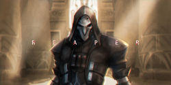 Rule 34 | 1boy, ammunition, bad id, bad pixiv id, black jacket, character name, coat, highres, hood, hooded jacket, jacket, looking at viewer, male focus, mask, md5 mismatch, overwatch, overwatch 1, reaper (overwatch), reroi, solo, trench coat, upper body