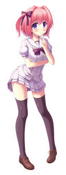 Rule 34 | 1girl, absurdres, black thighhighs, blush, bow, breasts, brown footwear, finger to mouth, flower, full body, hair bow, highres, loafers, medium breasts, original, pink hair, purple eyes, shoes, short hair, short sleeves, simple background, skirt, solo, standing, thighhighs, tonchan, uniform, white background