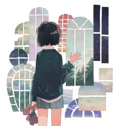 Rule 34 | 1girl, arm at side, backlighting, black hair, blending, cityscape, cloud, cloudy sky, cowboy shot, facing away, from behind, gradient sky, green ribbon, green skirt, green sweater, hand on window, hand up, highres, holding, indoors, ka (marukogedago), long sleeves, looking outside, miniskirt, moon, original, pleated skirt, ribbon, round window, short hair, skirt, sky, solo, star (sky), stuffed animal, stuffed toy, sweater, teddy bear, tree, white background, window