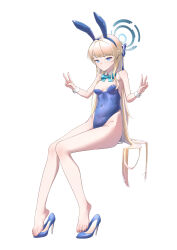 Rule 34 | 1girl, absurdres, animal ears, barefoot, blonde hair, blue archive, blue eyes, detached collar, double v, fake animal ears, feet, highres, leotard, long hair, looking at viewer, rabbit ears, shoes, unworn shoes, toes, toki (blue archive), toki (bunny) (blue archive), v