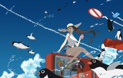 Rule 34 | 1girl, absurdres, amberholger, bad anatomy, barefoot, bent, bird, blue shorts, blue sky, brown hair, can, cloud, day, denim, denim shorts, drink can, fire hydrant, hat, highres, holding, holding can, looking to the side, onee-san (penguin highway), outdoors, penguin, penguin highway, road sign, shirt, short shorts, shorts, sign, sitting, sky, smile, soda can, solo, sun hat, vending machine, water, water drop, white hat, white shirt