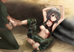 Rule 34 | 1boy, 1girl, armpits, blood, blue eyes, breasts, brown hair, camouflage, camouflage pants, death, devour (artist), feet, female pubic hair, footjob, functionally nude, guro, hetero, highres, military, military uniform, necrophilia, outdoors, pants, pubic hair, sex, sliced, slit throat, tank top, trousers, uniform