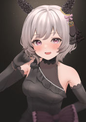Rule 34 | 1girl, :d, absurdres, animal ears, arm behind back, bare shoulders, bead bracelet, beads, black dress, black gloves, blush, bracelet, breasts, commentary request, curren chan (sakutsuki ma cherie) (umamusume), curren chan (umamusume), dark background, dress, ear covers, elbow gloves, gloves, grey hair, hair ornament, hanazawa ma, highres, horse ears, horse girl, jewelry, looking at viewer, medium breasts, open mouth, pinky out, purple eyes, short hair, sleeveless, sleeveless dress, smile, solo, the promised time: silks &amp; three riddles (umamusume), umamusume, upper body