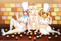 Rule 34 | 1girl, baking, blonde hair, blush, breasts, cake, chef hat, chef, cooking, curvy, food, hat, headphones, highres, huge breasts, large breasts, long hair, looking at viewer, mascot, multiple girls, navel, nitroplus, open mouth, orange eyes, pink eyes, pink hair, plump, short hair, sitting, smile, super pochaco, super sonico, thick thighs, thighs, tsuji santa, twintails, wide hips