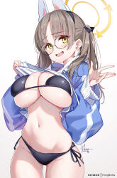 Rule 34 | 1girl, bikini, black bikini, blue archive, blue hoodie, breasts, brown hair, clothes lift, cowboy shot, glasses, halo, hong (white spider), hood, hoodie, hoodie lift, large breasts, lifted by self, long hair, looking at viewer, moe (blue archive), moe (swimsuit) (blue archive), navel, official alternate costume, open mouth, simple background, smile, solo, stomach, swimsuit, twintails, yellow eyes