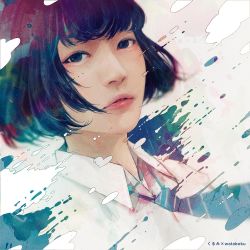 Rule 34 | 1girl, abstract, artist name, black hair, blue eyes, blue necktie, collared shirt, colorful, diagonal stripes, dress shirt, highres, lips, looking at viewer, necktie, nose, original, parted lips, pink lips, shirt, short hair, solo, striped necktie, striped neckwear, wataboku, white shirt, wing collar