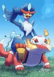 Rule 34 | beak, black sclera, blue eyes, blue feathers, blue sky, colored sclera, colored skin, commentary request, creatures (company), crocodilian, fang, feathers, fire, game freak, highres, horizon, lens flare, multicolored skin, nintendo, no humans, on grass, pokemon, pokemon (creature), quaquaval, red skin, riding, riding pokemon, signature, skeledirge, skin fang, sky, tail, tanpakuroom, two-tone skin, white skin, yellow eyes