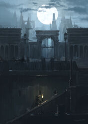 Rule 34 | 1other, ambiguous gender, arch, artist name, bloodborne, building, cloud, commentary, door, full moon, highres, holding, holding torch, hunter (bloodborne), lamppost, moon, night, scenery, signature, stairs, torch, tripdancer, walking, yharnam