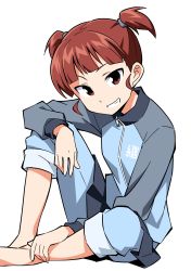 Rule 34 | 10s, 1girl, anbe masahiro, barefoot, commentary, girls und panzer, grin, hand on leg, highres, jacket, mikko (girls und panzer), short twintails, skirt, smile, solo, track jacket, twintails, white background, zipper