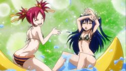 Rule 34 | 2girls, ass, banana, bikini, blue hair, breasts, butt crack, fairy tail, food, fruit, multiple girls, red hair, screencap, sheria blendy, small breasts, striped bikini, striped clothes, swimsuit, wendy marvell, wide hips