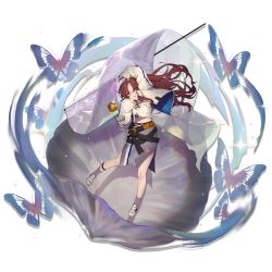 Rule 34 | 1girl, arknights, artist name, bare shoulders, blush, bug, butterfly, commentary request, dated, dress, flag, full body, green eyes, insect, long hair, long sleeves, looking at viewer, myrtle (arknights), navel, non-web source, open mouth, pointy ears, red hair, shirt, smile, solo, source request, transparent background, very long hair, white shirt