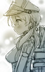 Rule 34 | 10s, 1girl, anchor hair ornament, blush, cross, hair ornament, hair ribbon, hat, iron cross, kantai collection, light particles, long hair, long sleeves, machinery, military, military uniform, peaked cap, prinz eugen (kancolle), profile, rayno, ribbon, solo, twintails, uniform