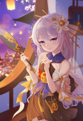 Rule 34 | 1girl, absurdres, architecture, bare shoulders, blue eyes, blurry, blurry background, cherry blossoms, china dress, chinese clothes, closed mouth, dkxlek, dress, earrings, east asian architecture, flower, hair flower, hair ornament, hand fan, highres, holding, holding fan, honkai (series), honkai impact 3rd, indoors, jewelry, lantern, long hair, looking at viewer, night, night sky, sky, sleeveless, smile, solo, theresa apocalypse, zhuge kongming (honkai impact), white flower, white hair, window, zhuge kongming (honkai impact)