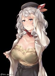 Rule 34 | 1girl, alternate costume, bad id, bad twitter id, bandana, beret, black hat, black skirt, blush, breasts, closed mouth, grey eyes, hat, huge breasts, jacket, juurouta, kantai collection, kashima (kancolle), large breasts, long hair, long sleeves, looking at viewer, red bandana, red neckwear, see-through, sidelocks, silver hair, skirt, solo, twintails, twitter username, wavy hair, white jacket