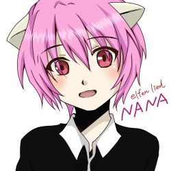 Rule 34 | 00s, 1girl, artist request, character name, copyright name, elfen lied, nana (elfen lied), open mouth, pink hair, red eyes, short hair, simple background, smile, solo