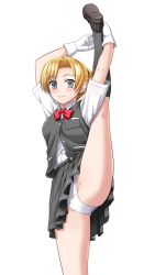 Rule 34 | 1girl, black footwear, blonde hair, blouse, commentary request, feet out of frame, flexible, gloves, grey eyes, grey socks, kantai collection, kneehighs, leg up, loafers, looking at viewer, maikaze (kancolle), panties, parted bangs, pleated skirt, ponytail, red ribbon, ribbon, school uniform, shirt, shoes, short ponytail, simple background, skirt, smile, socks, solo, split, standing, standing on one leg, standing split, sumeragi seisuke, underwear, vest, white background, white gloves, white panties, white shirt