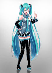 Rule 34 | 1girl, absurdres, aqua eyes, aqua hair, aqua nails, aqua necktie, bare shoulders, black skirt, black sleeves, black thighhighs, boots, detached sleeves, full body, gradient background, grey shirt, hair ornament, hand on own hip, hand up, hatsune miku, highres, index finger raised, long hair, looking to the side, making-of available, nail polish, necktie, one eye closed, open mouth, reflection, shiny clothes, shirt, skirt, sleeveless, sleeveless shirt, smile, solo, standing, tatyaoekaki, thigh boots, thighhighs, twintails, very long hair, vocaloid, zettai ryouiki