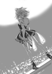 Rule 34 | 1girl, arm at side, backless dress, backless outfit, blurry, braid, cityscape, dated, depth of field, detached sleeves, dress, dutch angle, from behind, full moon, greyscale, hair ribbon, hand on forehead, high heels, highres, izayoi sakuya, knife, bridal garter, looking at viewer, maid, maid headdress, monochrome, moon, pocket watch, puffy short sleeves, puffy sleeves, ribbon, short dress, short hair, short sleeves, solo, thigh strap, thighs, touhou, tress ribbon, tsurime, twin braids, watch, weapon, wys 1981