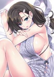 Rule 34 | 1girl, absurdres, armpits, bare legs, bed, black hair, blue eyes, blush, breasts, embarrassed, eyebrows hidden by hair, female focus, from above, highres, indoors, large breasts, legs, long hair, looking at viewer, low-tied long hair, lying, meme attire, mizuhara yuu, no bra, on bed, on side, original, parted lips, sleeveless, solo, thighs, turtleneck, virgin killer sweater