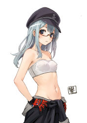 Rule 34 | 1girl, bandeau, bare arms, bare shoulders, black hat, breasts, cabbie hat, collarbone, commentary request, cowboy shot, glasses, gloves, grey eyes, grey hair, groin, hands on own hips, hat, hibiki (kancolle), highres, kantai collection, looking at viewer, matsumae takumi, midriff, navel, red-framed eyewear, red gloves, simple background, small breasts, solo, standing, stomach, strapless, tube top, white background