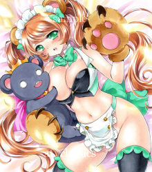 Rule 34 | 1girl, animal ears, animal hands, apron, artist name, at classics, black thighhighs, blush, bottomless, bow, bowtie, breasts, brown hair, cleavage, cowboy shot, gloves, green bow, green bowtie, green eyes, groin, large breasts, long hair, looking at viewer, lying, maid headdress, navel, on back, open mouth, paw gloves, sample watermark, sleeveless, solo, thighhighs, traditional media, twintails, very long hair, waist apron, watermark, yuri kuma arashi, yurigasaki lulu