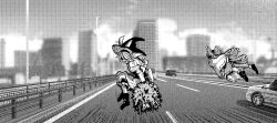 Rule 34 | apron, boots, bow, broom, broom riding, car, city, cityscape, flying, frilled bow, frilled skirt, frills, from behind, greyscale, hakurei reimu, hat, hat bow, highway, kirisame marisa, leaning forward, long hair, long sleeves, monochrome, motion lines, motor vehicle, puffy short sleeves, puffy sleeves, road, short sleeves, skirt, suna (s73d), touhou, traffic light, vest, wide sleeves, witch hat