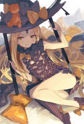 Rule 34 | 1girl, :p, abigail williams (fate), abigail williams (second ascension) (fate), armpits, bad id, bad twitter id, black bow, black panties, blonde hair, bow, fate/grand order, fate (series), forehead, hat, highres, keyhole, long hair, looking at viewer, multiple bows, nishin (nsn 0822), orange bow, panties, pantyshot, parted bangs, polka dot, polka dot bow, sitting, solo, stuffed animal, stuffed toy, teddy bear, tongue, tongue out, underwear, very long hair, witch hat, yellow eyes