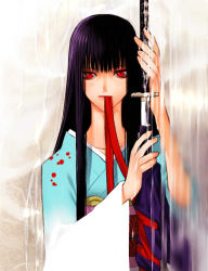 Rule 34 | 1girl, black hair, japanese clothes, katana, kimono, long hair, mouth hold, obi, original, red eyes, ribbon, sakamoto mineji, sash, solo, sword, water, weapon