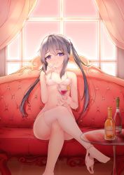 Rule 34 | 1girl, :p, absurdres, alcohol, alternate hairstyle, asashio (kancolle), bare shoulders, blue eyes, blush, bottomless, bow, bow panties, breasts, closed mouth, cocktail, collarbone, commentary request, cup, curtains, drinking glass, finger to mouth, full body, grey hair, hair between eyes, hair bobbles, hair ornament, heart, heart-shaped pupils, highres, holding, indoors, kantai collection, kuriko, long hair, looking at viewer, navel, panties, panties around leg, sake, sitting, small breasts, smile, solo, swimsuit, symbol-shaped pupils, thighhighs, tongue, tongue out, twintails, underwear, very long hair, window