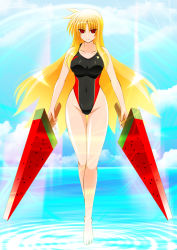 Rule 34 | 1girl, angry, barefoot, black one-piece swimsuit, blonde hair, blue sky, breasts, cloud, collarbone, commentary request, competition swimsuit, covered navel, day, dual wielding, engo (aquawatery), eyes visible through hair, fate testarossa, floating, food, full body, gluteal fold, highleg, highleg swimsuit, holding, large breasts, long hair, lyrical nanoha, magical girl, mahou shoujo lyrical nanoha strikers, one-piece swimsuit, outdoors, oversized object, popsicle, print swimsuit, red eyes, sky, solo, swimsuit, thigh gap, water, watermelon bar