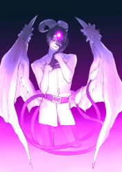 Rule 34 | 1boy, belt, coat, cropped legs, dark young (fate), demon boy, demon horns, demon wings, fate/grand order, fate (series), fingernails, fujimaru ritsuka (male), fur-tipped tail, fur-trimmed sleeves, fur trim, glowing, goat horns, gradient background, hair between eyes, hand on own face, hands up, highres, horns, looking at viewer, low wings, male focus, monochrome, monsterification, multiple tails, pants, purple theme, sharp fingernails, short hair, smirk, solo, tail, two tails, urup zzz, wings