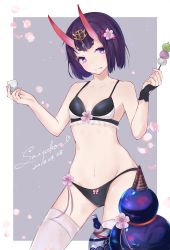 Rule 34 | 1girl, artist name, black bra, black panties, bow, bow panties, bra, cherry blossoms, dango, dated, eyeshadow, fang, fang out, fate/grand order, fate (series), flower, food, gourd, hair flower, hair ornament, highres, horns, licking lips, looking at viewer, makeup, navel, oni, panties, purple eyes, purple hair, sai (saipoko), sanshoku dango, short hair, shuten douji (fate), skin-covered horns, solo, thighhighs, tongue, tongue out, underwear, underwear only, wagashi, white thighhighs