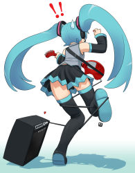 Rule 34 | 1girl, amplifier, back, blue hair, boots, cable, detached sleeves, falling, full body, guitar, hatsune miku, highres, instrument, long hair, nagian, skirt, solo, sweatdrop, thigh boots, thighhighs, tripping, twintails, vocaloid