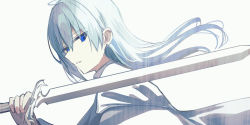 Rule 34 | 1girl, absurdres, blue eyes, chihuri, earrings, floating hair, grey background, hair between eyes, highres, holding, holding sword, holding weapon, jacket, jewelry, long hair, original, parted lips, silver hair, simple background, solo, stud earrings, sword, upper body, weapon, white jacket