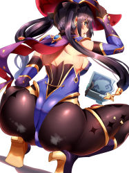 Rule 34 | 1girl, ass, back, bare shoulders, black hair, black pantyhose, blue eyes, breasts, genshin impact, hat, high heels, highres, leotard, long hair, looking at viewer, looking back, magukappu, medium breasts, mona (genshin impact), open mouth, pantyhose, purple hat, purple leotard, simple background, squatting, thighs, twintails, very long hair, white background, witch hat