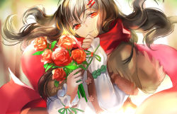 Rule 34 | 1girl, bad id, bad pixiv id, black hair, flower, hair ornament, hairclip, kagerou project, long hair, looking at viewer, ramble12, red eyes, red scarf, rose, scarf, solo, tateyama ayano