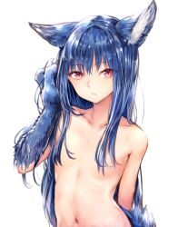 Rule 34 | 1girl, animal hands, arm at side, blue hair, breasts, closed mouth, fenrir (shingeki no bahamut), granblue fantasy, grey hair, hair between eyes, hair censor, hair over breasts, hand up, highres, long hair, looking at viewer, navel, nude, pink eyes, shingeki no bahamut, sidelocks, simple background, slit pupils, small breasts, solo, sukemyon, upper body, very long hair, white background