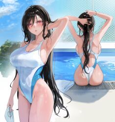 Rule 34 | 1girl, absurdres, armpits, arms up, ass, bare arms, bare shoulders, black hair, blush, breasts, chain-link fence, commentary request, competition swimsuit, cowboy shot, day, fence, from behind, highleg, highleg swimsuit, highres, holding, large breasts, looking at viewer, momokan (kandume200), multiple views, one-piece swimsuit, open mouth, original, outdoors, pool, purple eyes, sideboob, sitting, swim cap, swimsuit, thighs, two-tone swimsuit, tying hair, unworn swim cap, water, wet