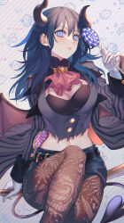 Rule 34 | 1girl, alternate costume, ascot, black horns, black shorts, blue eyes, blue hair, breasts, brown pantyhose, buttons, byleth (female) (fire emblem), byleth (fire emblem), byleth (male) (fire emblem), byleth (male) (fire emblem) (cosplay), byleth (male) (halloween) (fire emblem), candy, cleavage, closed mouth, cosplay, demon horns, demon tail, fake horns, fake tail, fire emblem, fire emblem: three houses, fire emblem heroes, food, gloves, hair between eyes, halloween costume, highres, holding, holding candy, holding food, holding lollipop, horns, large breasts, lollipop, looking at viewer, nintendo, oas, pantyhose, pink ascot, shorts, solo, tail, thighs, twitter username, white gloves