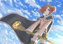 Rule 34 | 1girl, belt, blue sky, boots, brown eyes, cape, cloud, cloudy sky, commentary request, day, grey skirt, hair ornament, holding, jacket, kirara fantasia, long sleeves, parted lips, pink jacket, pleated skirt, red hair, short hair, signature, skirt, sky, smile, solo, staff, standing, star (symbol), star hair ornament, thigh boots, thighhighs, twintails, umiroku